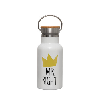 Mr right, Μεταλλικό παγούρι θερμός (Stainless steel) Λευκό με ξύλινο καπακι (bamboo), διπλού τοιχώματος, 350ml