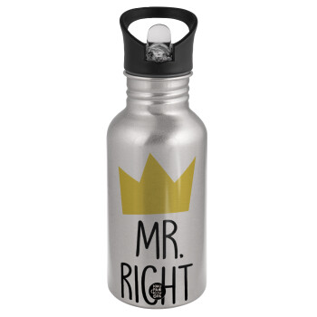 Mr right, Water bottle Silver with straw, stainless steel 500ml