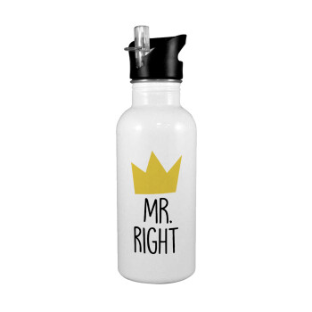 Mr right, White water bottle with straw, stainless steel 600ml