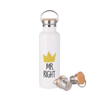 Mr right, Stainless steel White with wooden lid (bamboo), double wall, 750ml