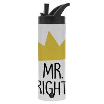 Mr right, Metallic thermos bottle with straw & handle, stainless steel (Stainless steel 304), double-walled, 600ml.