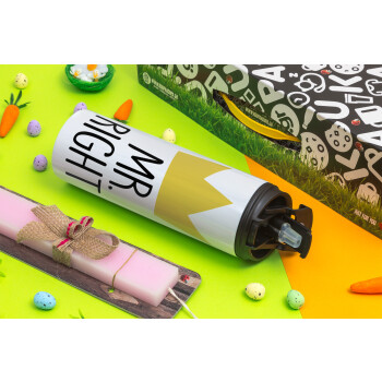 Mr right, Easter candle,Travel Tumbler 2 Lids, with metal straw & cleaning brush & aromatic flat candle (30cm) (PINK)