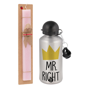 Mr right, Easter Set, metallic Silver aluminum water bottle (500ml) & scented flat Easter candle (30cm) (PINK)
