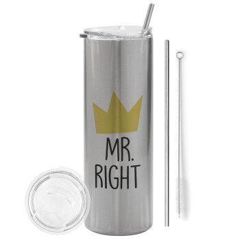 Mr right, Eco friendly stainless steel Silver tumbler 600ml, with metal straw & cleaning brush