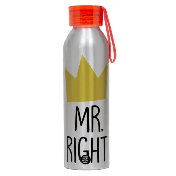 Mr right, Αλουμινένιο Αθλητικό Μπουκάλι 650ml – Ασημί με Κόκκινο Καπάκι και Λουράκι Σιλικόνης