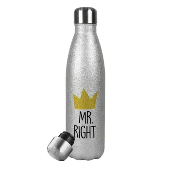 Mr right, Metallic Glitter Silver Thermos Flask (Stainless steel), double-walled, 500ml
