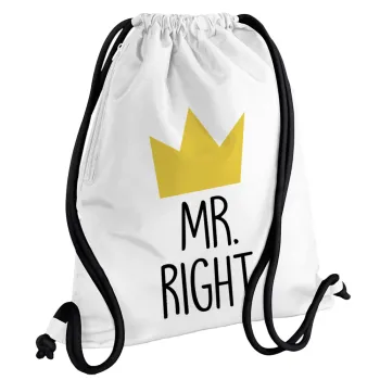 Mr right, Backpack pouch GYMBAG white, with pocket (40x48cm) & thick cords