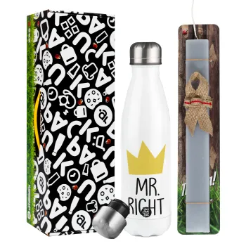Mr right, Easter candle, metallic white thermos bottle (500ml) & aromatic flat candle (30cm) (GRAY)