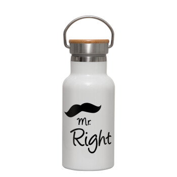 Mr right Mustache, Μεταλλικό παγούρι θερμός (Stainless steel) Λευκό με ξύλινο καπακι (bamboo), διπλού τοιχώματος, 350ml