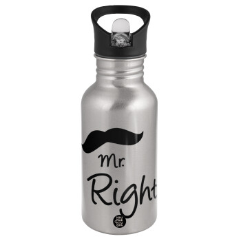 Mr right Mustache, Water bottle Silver with straw, stainless steel 500ml