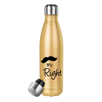 Mr right Mustache, Μεταλλικό παγούρι θερμός Glitter χρυσό (Stainless steel), διπλού τοιχώματος, 500ml