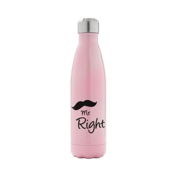 Mr right Mustache, Metal mug thermos Pink Iridiscent (Stainless steel), double wall, 500ml