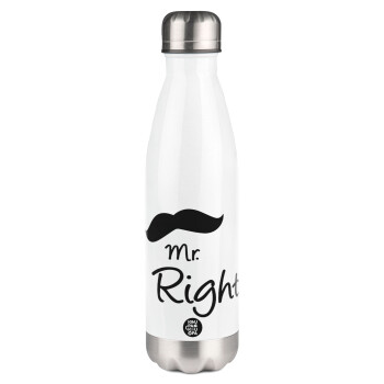 Mr right Mustache, Μεταλλικό παγούρι θερμός Λευκό (Stainless steel), διπλού τοιχώματος, 500ml