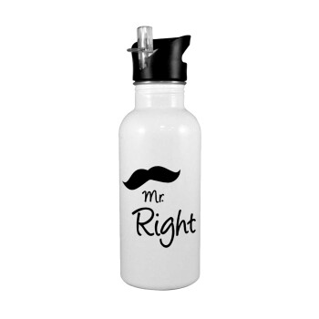 Mr right Mustache, White water bottle with straw, stainless steel 600ml