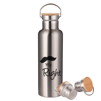 Mr right Mustache, Stainless steel Silver with wooden lid (bamboo), double wall, 750ml
