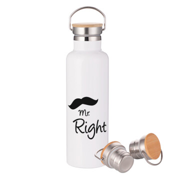 Mr right Mustache, Stainless steel White with wooden lid (bamboo), double wall, 750ml