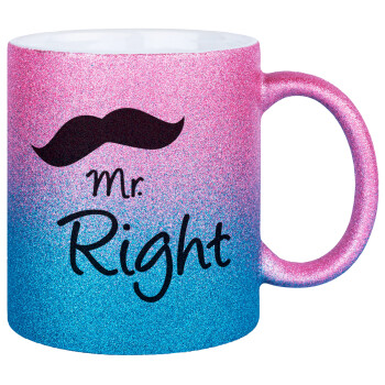 Mr right Mustache, Κούπα Χρυσή/Μπλε Glitter, κεραμική, 330ml