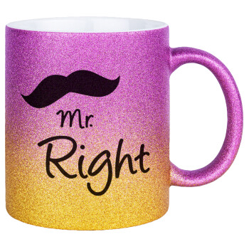 Mr right Mustache, Κούπα Χρυσή/Ροζ Glitter, κεραμική, 330ml