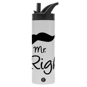 Mr right Mustache, Μεταλλικό παγούρι θερμός με καλαμάκι & χειρολαβή, ανοξείδωτο ατσάλι (Stainless steel 304), διπλού τοιχώματος, 600ml