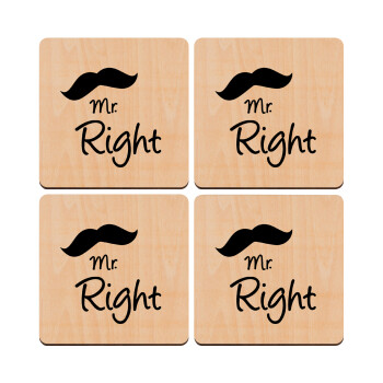 Mr right Mustache, ΣΕΤ x4 Σουβέρ ξύλινα τετράγωνα plywood (9cm)