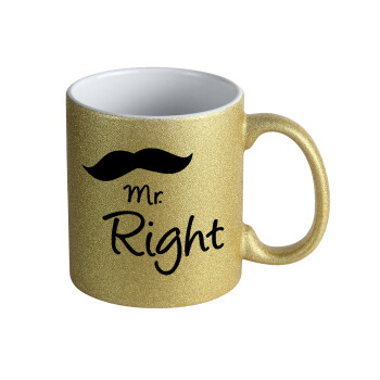 Mr right Mustache, Κούπα Χρυσή Glitter που γυαλίζει, κεραμική, 330ml