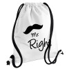 Mr right Mustache, Τσάντα πλάτης πουγκί GYMBAG λευκή, με τσέπη (40x48cm) & χονδρά κορδόνια