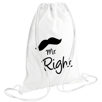 Mr right Mustache, Τσάντα πλάτης πουγκί GYMBAG λευκή (28x40cm)