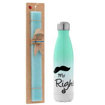Mr right Mustache, Easter Set, Metallic green/white thermos (Stainless steel), double-walled, 500ml & scented flat Easter candle (30cm) (TURQUOISE)