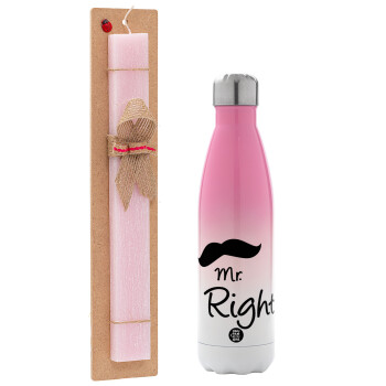 Mr right Mustache, Easter Set, Metallic pink/white (Stainless steel) thermos, double-walled, 500ml & aromatic flat Easter candle (30cm) (PINK)