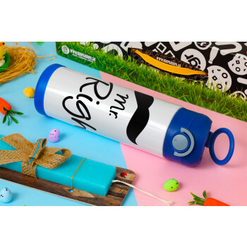 Mr right Mustache, Easter candle, Childrens hot water bottle, stainless steel, with safety straw, BLUE (500ml)