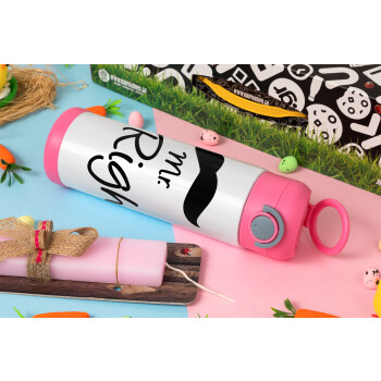 Mr right Mustache, Easter candle, Childrens hot water bottle, stainless steel, with safety straw, PINK (500ml)