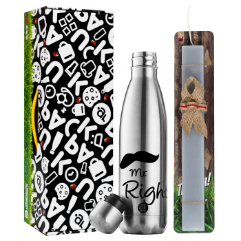 Mr right Mustache, Easter Set, metallic stainless thermos flask (500ml) & scented flat Easter candle (30cm) (GRAY)
