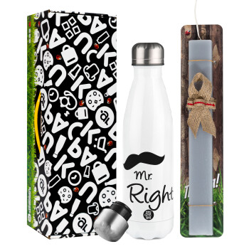 Mr right Mustache, Easter candle, metallic white thermos bottle (500ml) & aromatic flat candle (30cm) (GRAY)
