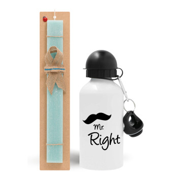 Mr right Mustache, Easter Set, metallic aluminum water bottle (500ml) & scented flat candle (30cm) (TURQUOISE)