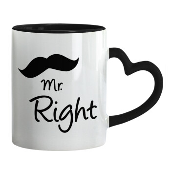 Mr right Mustache, Κούπα καρδιά χερούλι μαύρη, κεραμική, 330ml