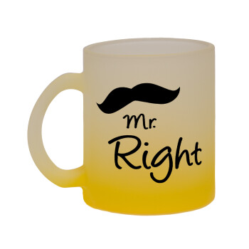 Mr right Mustache, Κούπα γυάλινη δίχρωμη με βάση το κίτρινο ματ, 330ml