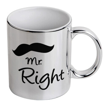 Mr right Mustache, Mug ceramic, silver mirror, 330ml
