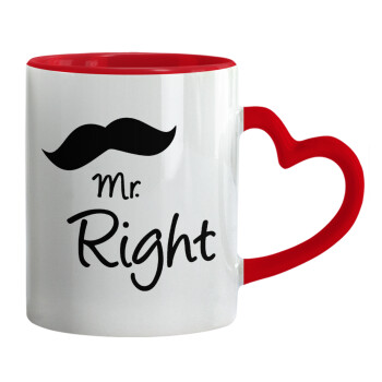 Mr right Mustache, Mug heart red handle, ceramic, 330ml