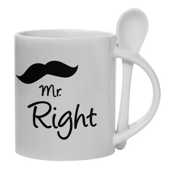 Mr right Mustache, Κούπα, κεραμική με κουταλάκι, 330ml (1 τεμάχιο)