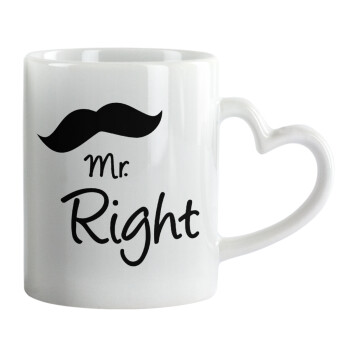 Mr right Mustache, Κούπα καρδιά χερούλι λευκή, κεραμική, 330ml