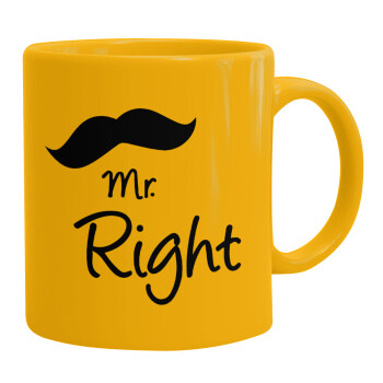 Mr right Mustache, Ceramic coffee mug yellow, 330ml (1pcs)