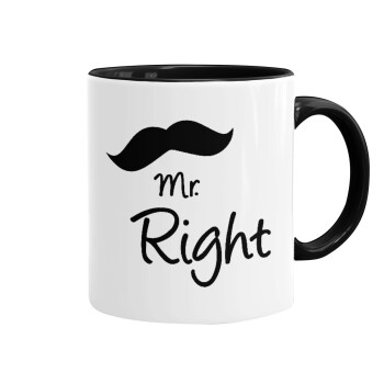 Mr right Mustache, Κούπα χρωματιστή μαύρη, κεραμική, 330ml