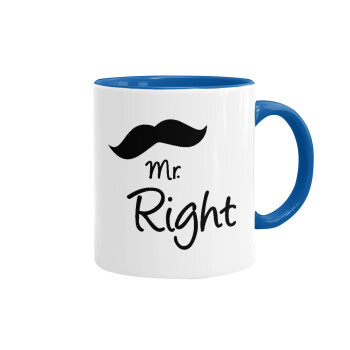 Mr right Mustache, Κούπα χρωματιστή μπλε, κεραμική, 330ml