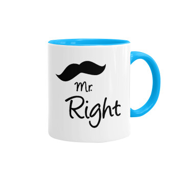 Mr right Mustache, Κούπα χρωματιστή γαλάζια, κεραμική, 330ml