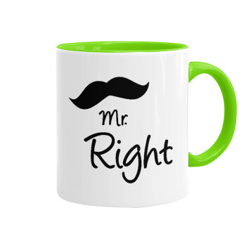 Mr right Mustache, Mug colored light green, ceramic, 330ml
