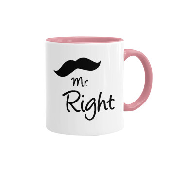 Mr right Mustache, Κούπα χρωματιστή ροζ, κεραμική, 330ml
