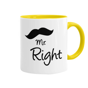 Mr right Mustache, Κούπα χρωματιστή κίτρινη, κεραμική, 330ml