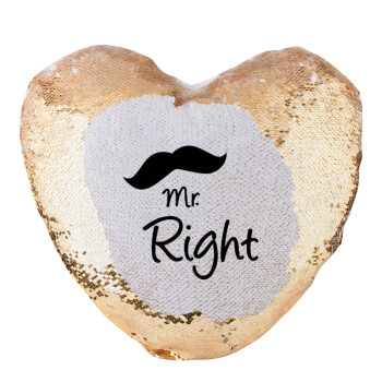 Mr right Mustache, Μαξιλάρι καναπέ καρδιά Μαγικό Χρυσό με πούλιες 40x40cm περιέχεται το  γέμισμα