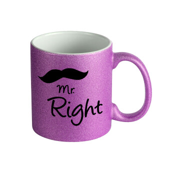 Mr right Mustache, Κούπα Μωβ Glitter που γυαλίζει, κεραμική, 330ml