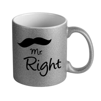 Mr right Mustache, Κούπα Ασημένια Glitter που γυαλίζει, κεραμική, 330ml